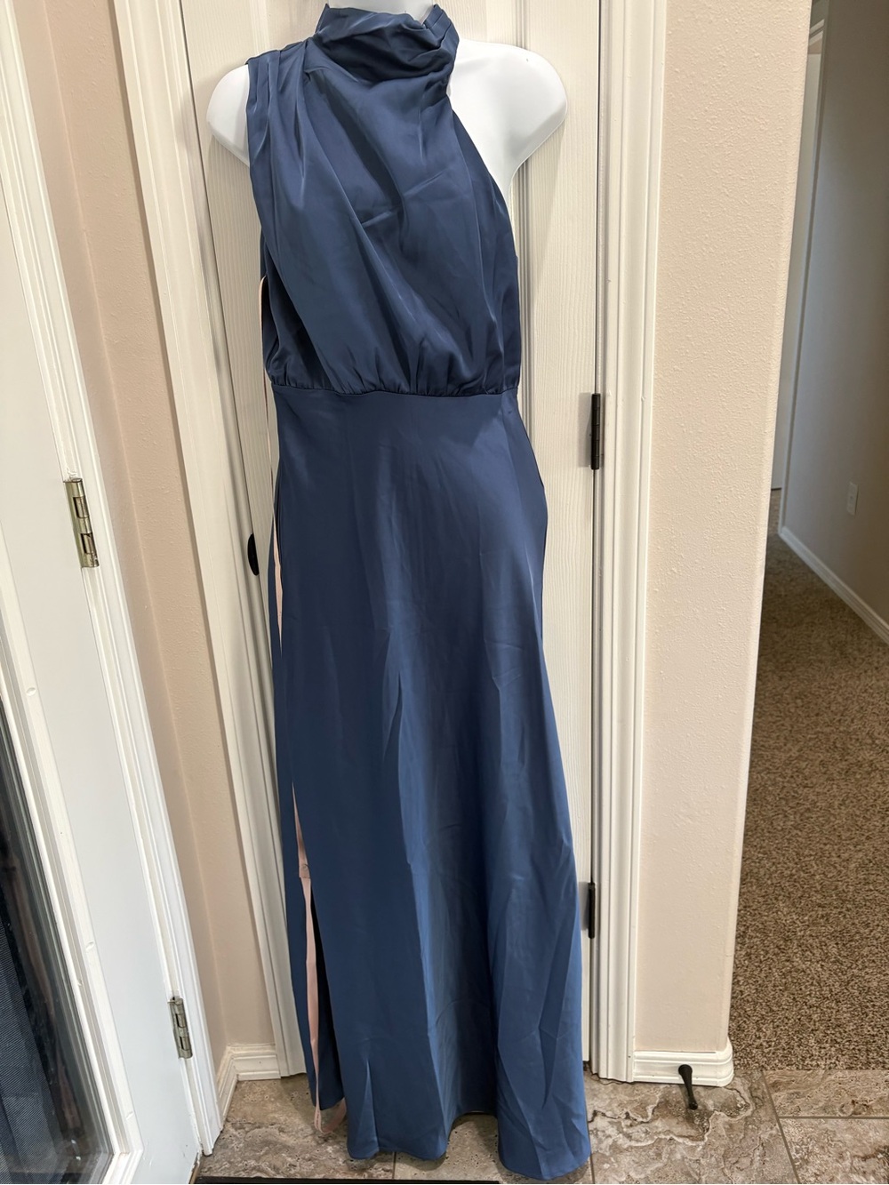 Lulu's Slate Blue Halter Asymmetrical Maxi Dress